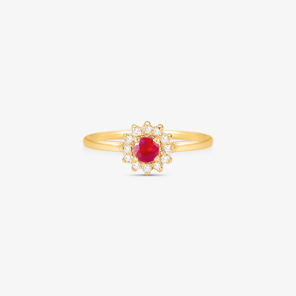 Anel Flor com Rubi Natural e Diamantes em Ouro Amarelo 18K
