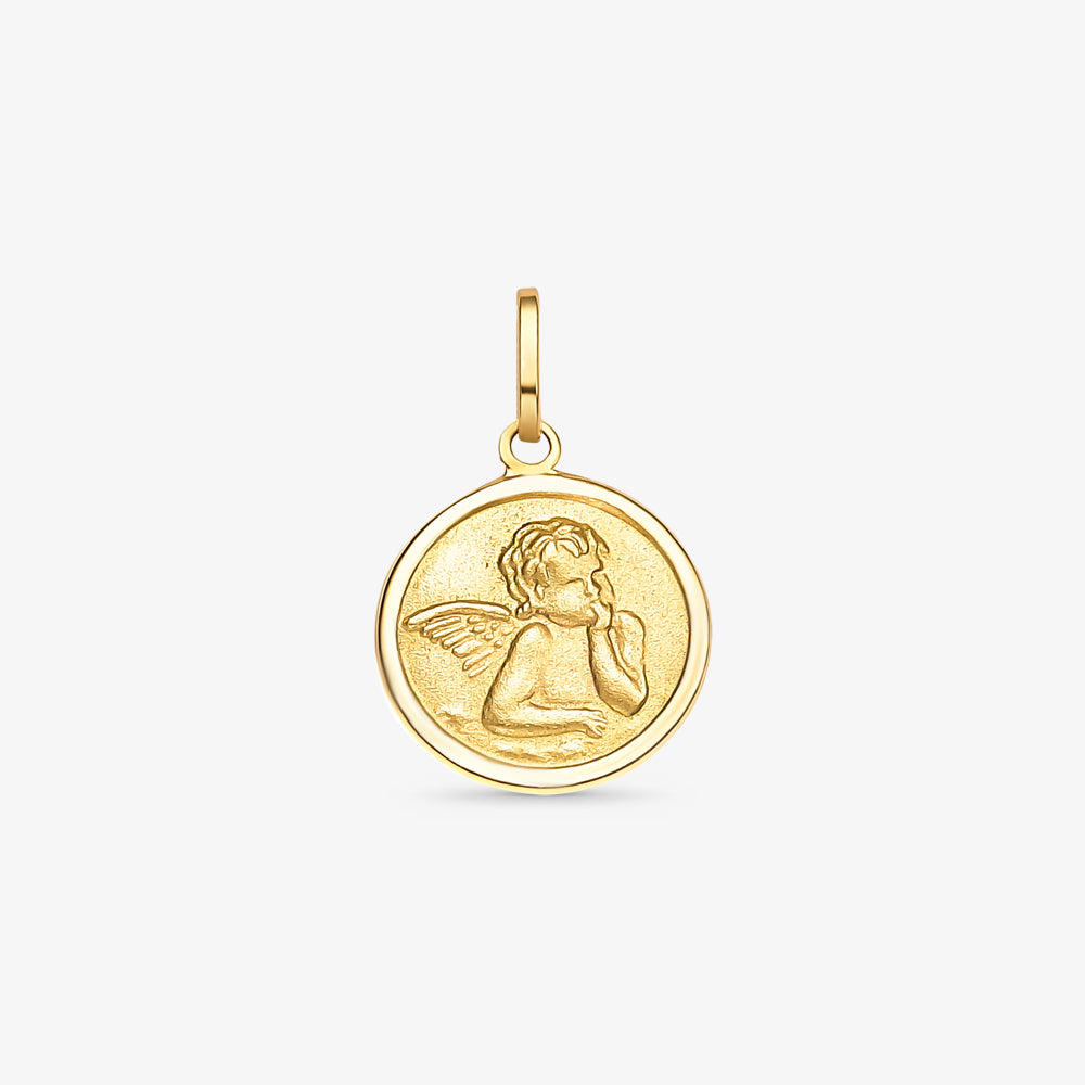 Pingente Medalha M Anjo Pensador em Ouro Amarelo 18K