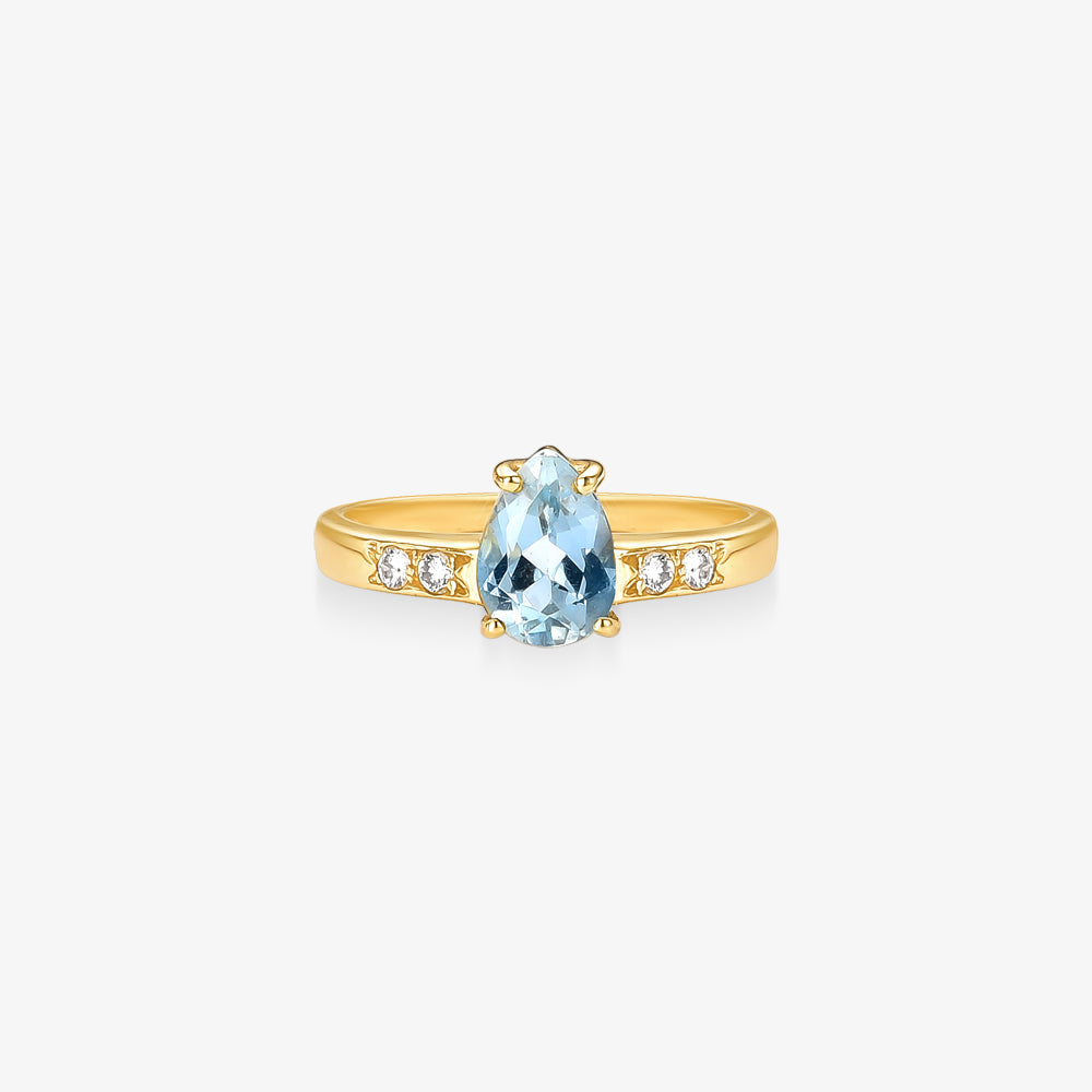 Anel com Água Marinha e Diamantes Naturais em Ouro Amarelo 18K