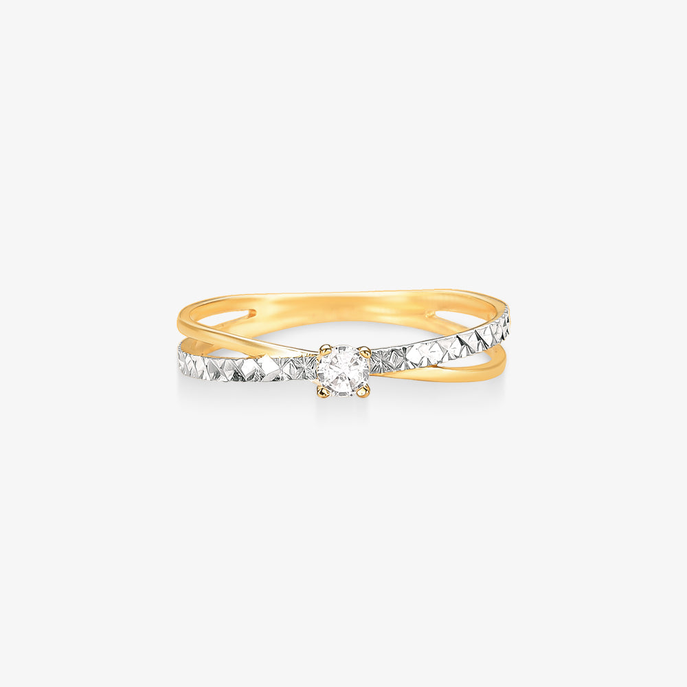 Anel Solitário Bicolor Estampado em Ouro Amarelo 18K