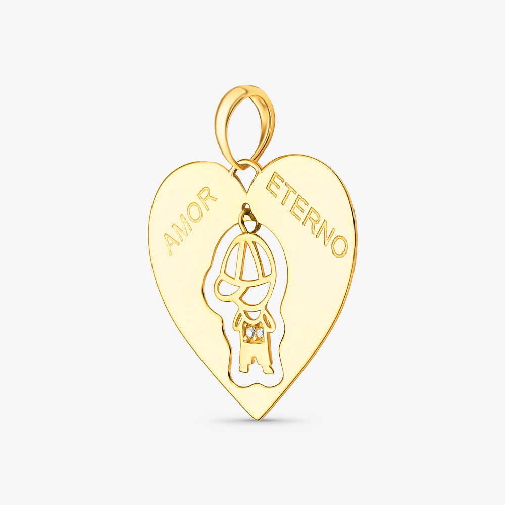 Pingente Menino Coração Amor Eterno com Pedras em Ouro Amarelo 18K