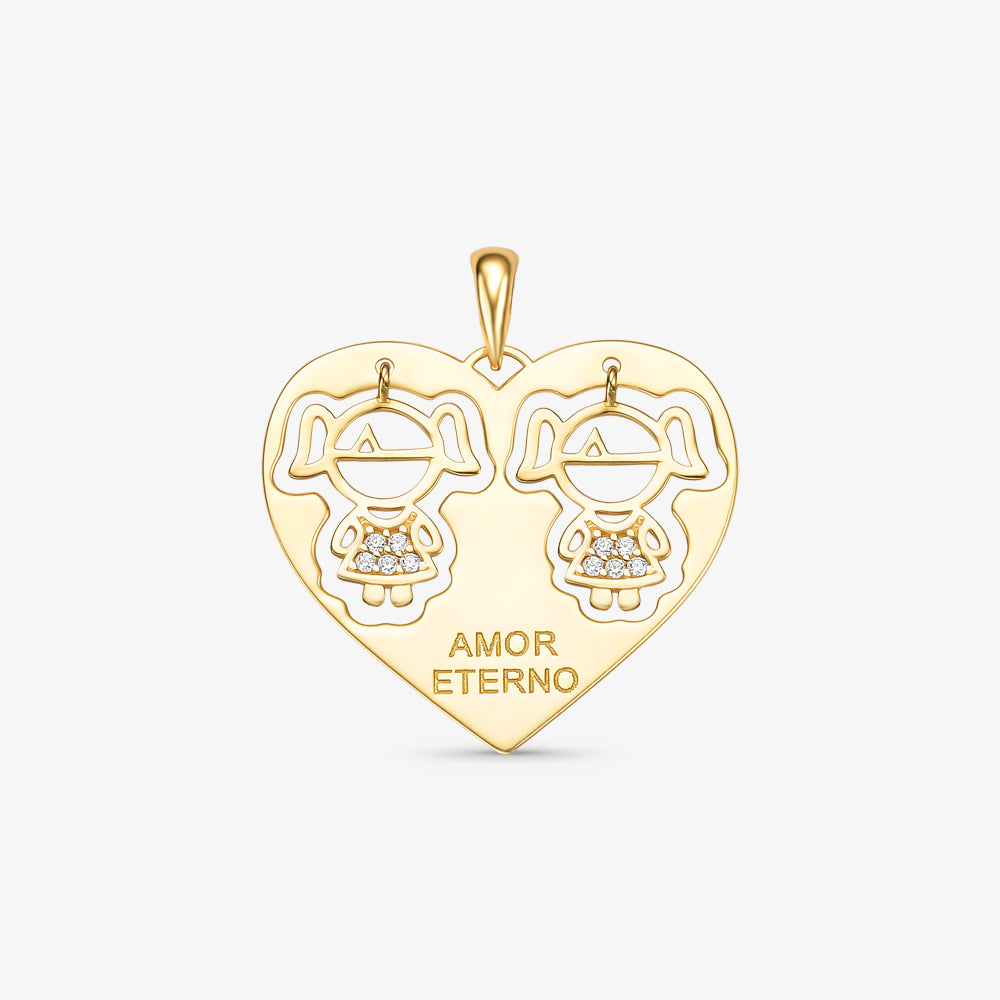 Pingente 2 Meninas com Pedra Coração Amor Eterno em Ouro Amarelo 18K