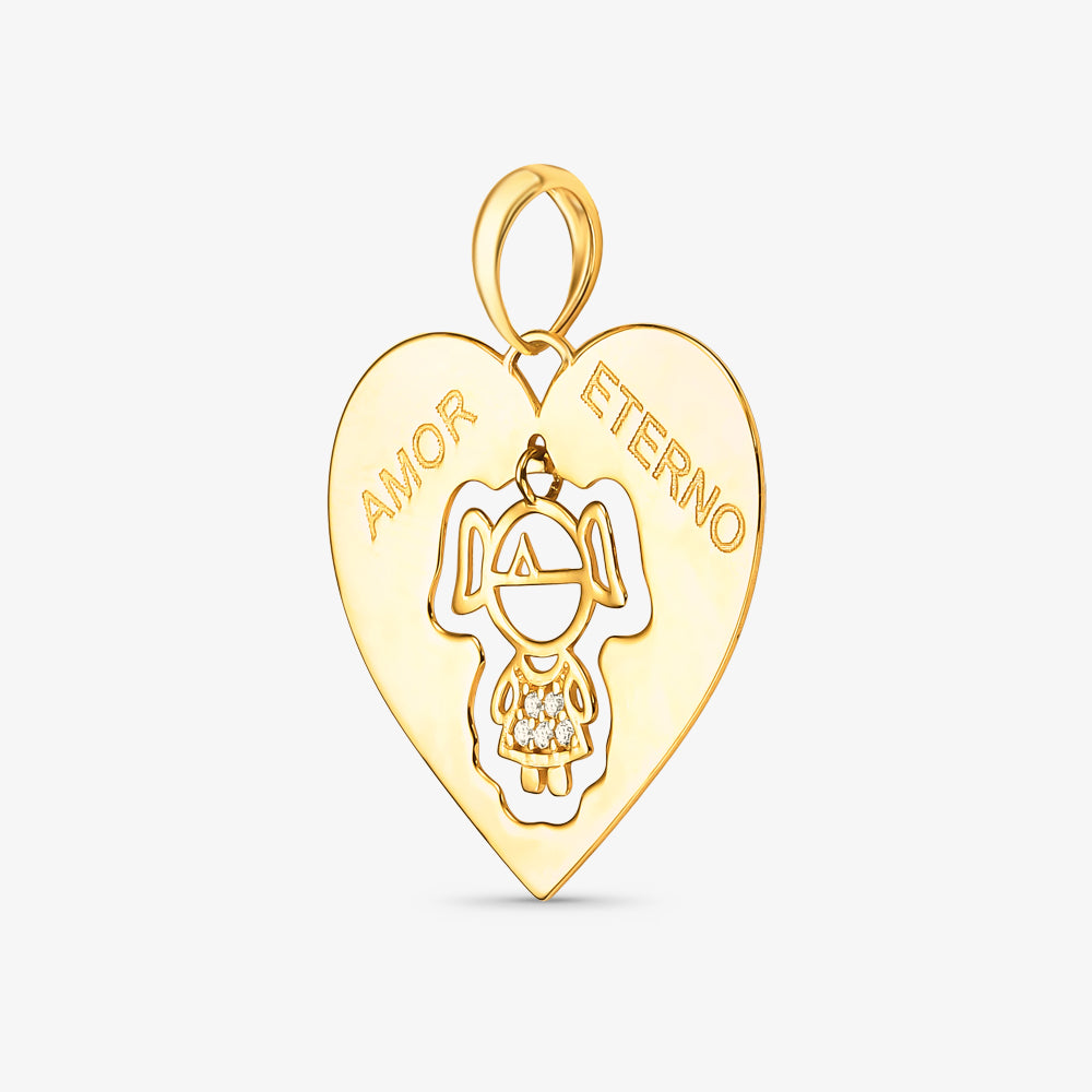 Pingente Menina Coração Amor Eterno com Pedras em Ouro Amarelo 18K