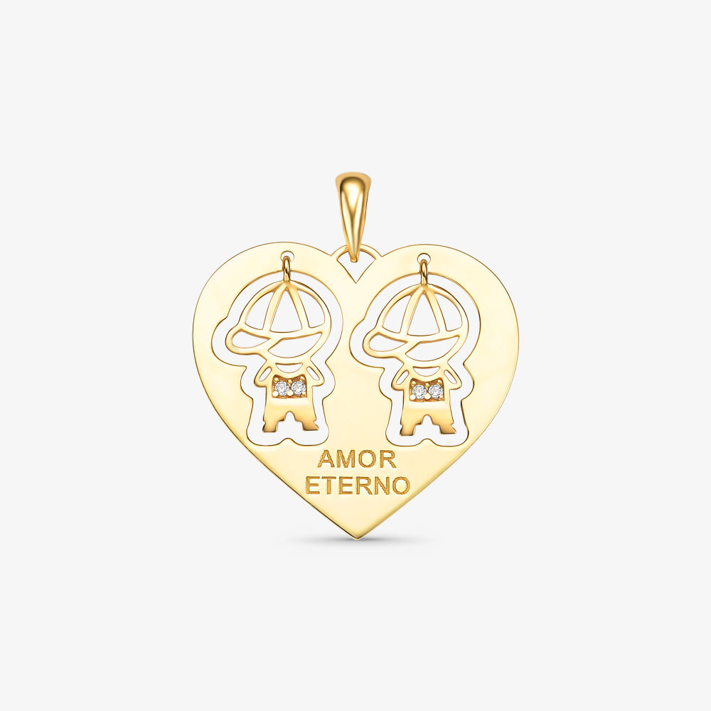 Pingente 2 Meninos com Pedra Coração Amor Eterno em Ouro Amarelo 18K