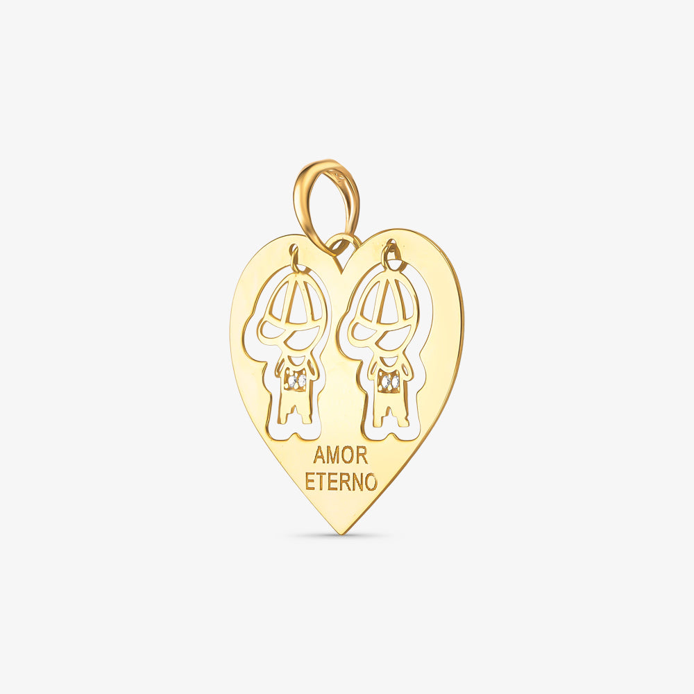Pingente 2 Meninos com Pedra Coração Amor Eterno em Ouro Amarelo 18K