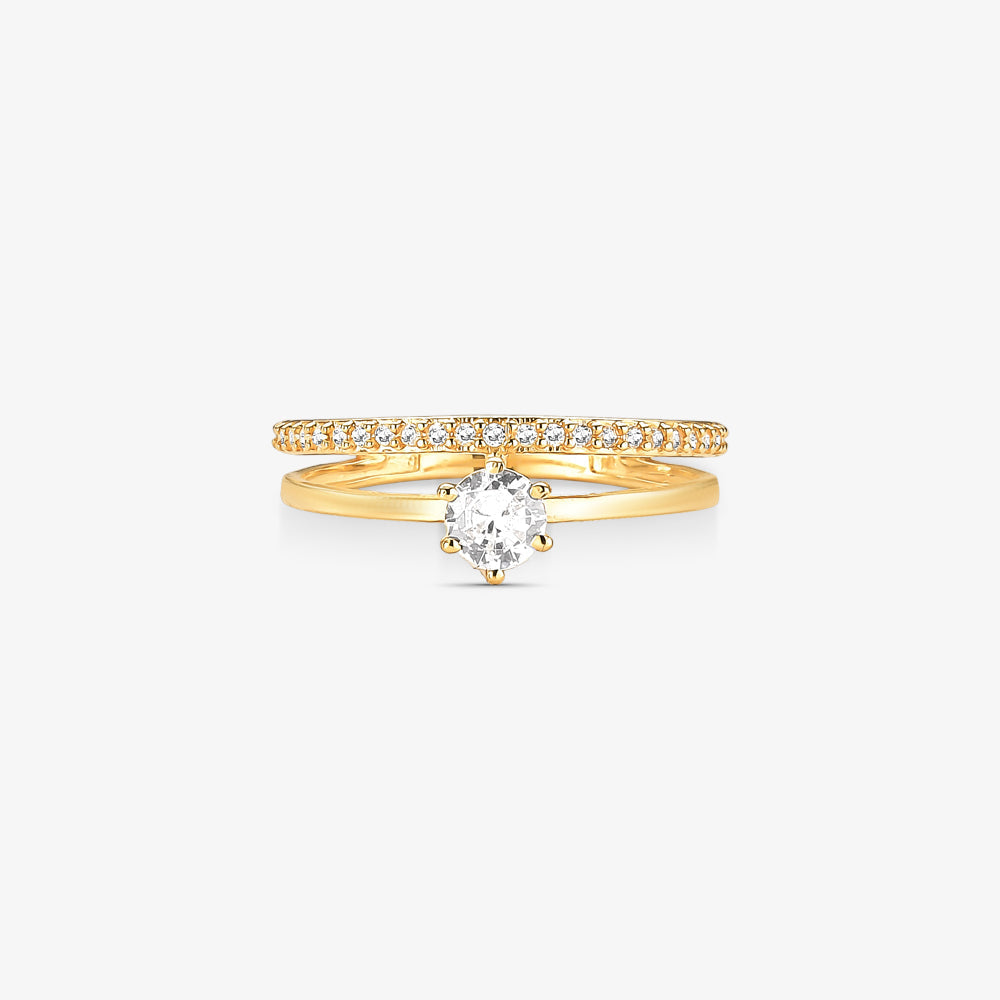 Anel Solitário + Meia Aliança em Ouro Amarelo 18K