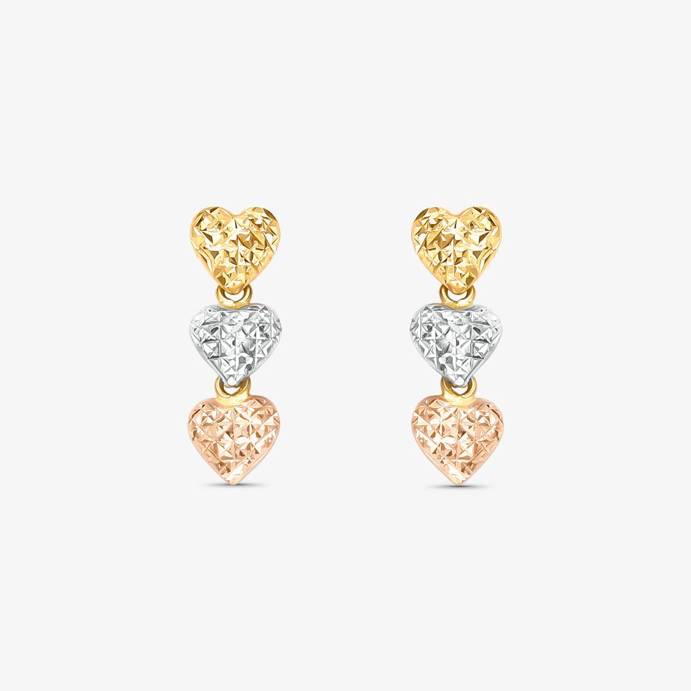 Brinco Trio Coração Tricolor em Ouro 18K