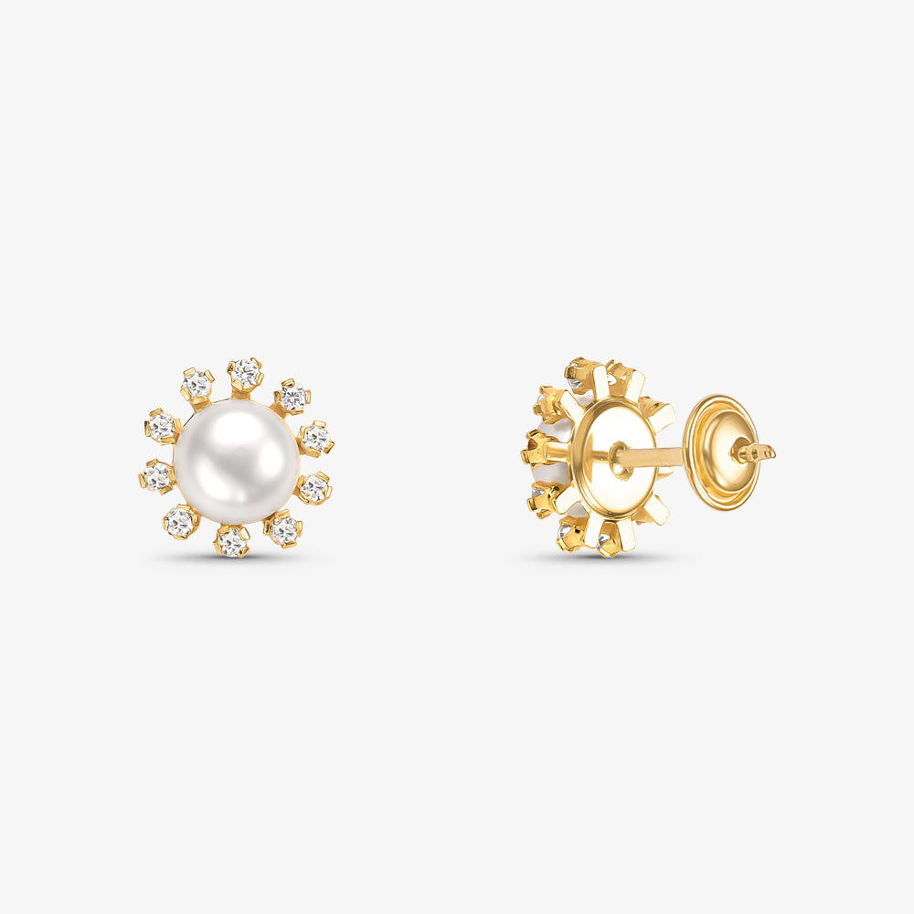 Brinco Botão com Pérola Natural e Pedras em Ouro Amarelo 18K