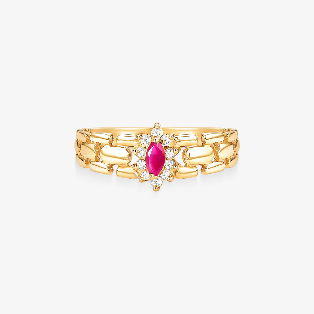 Anel Electra com Diamantes e Rubi Naturais em Ouro Amarelo 18K