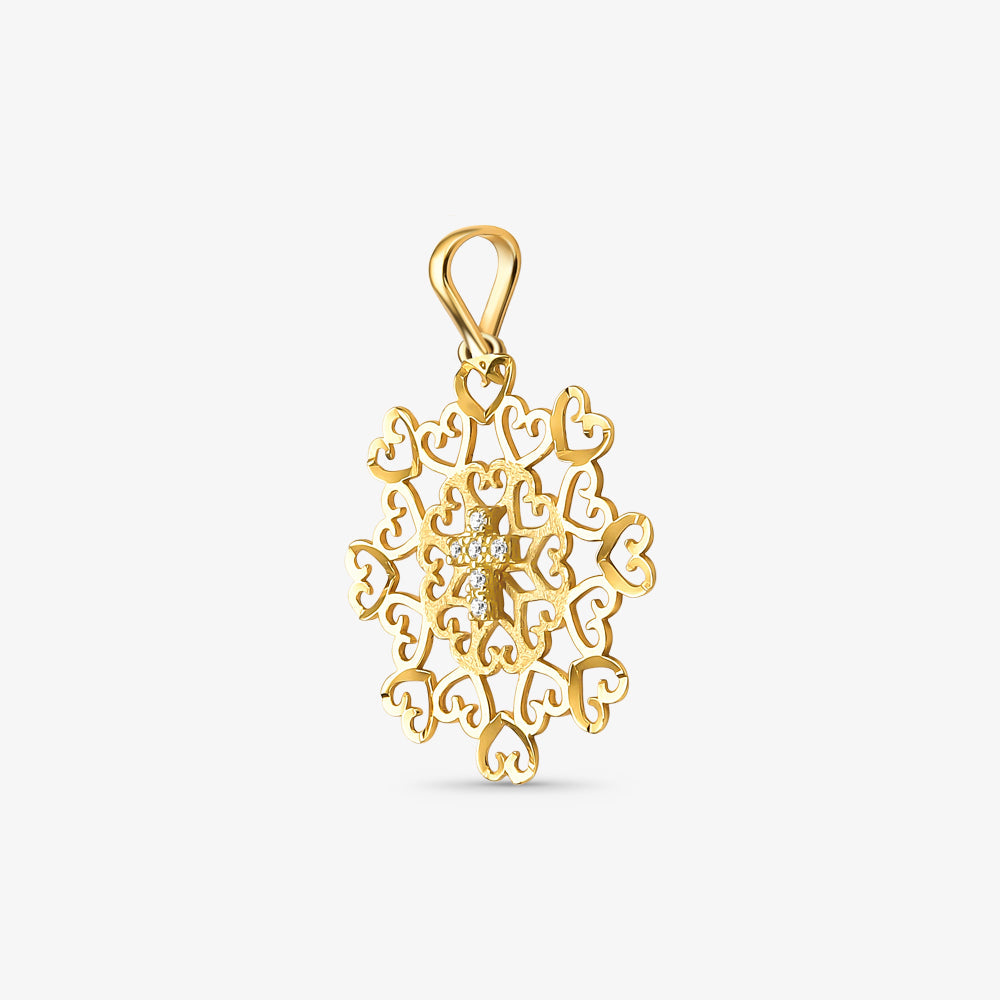 Pingente Corações Vazados com Cruz em Ouro Amarelo 18K