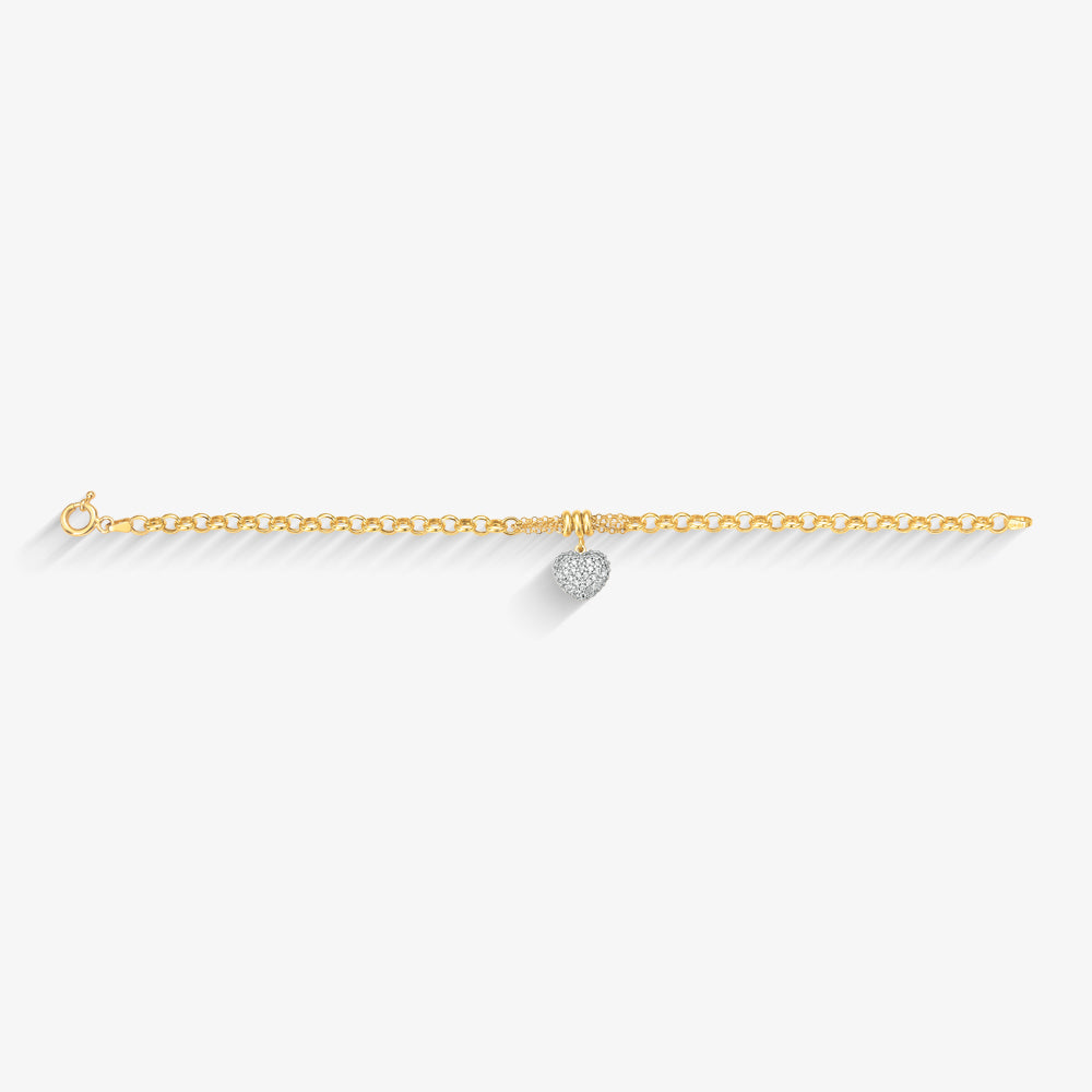 Pulseira Elo Português Coração com Pedras em Ouro Amarelo 18K, 19cm