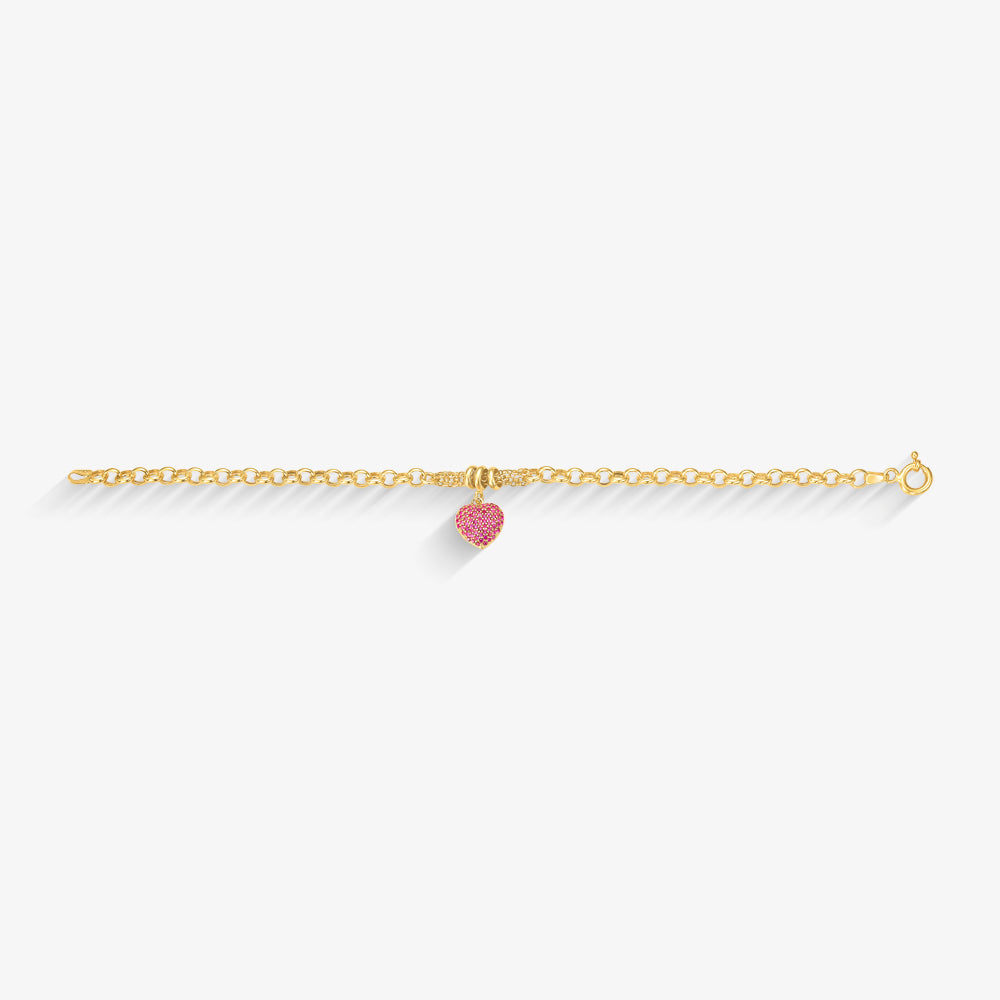 Pulseira Elo Português Coração com Pedras em Ouro Amarelo 18K, 19cm
