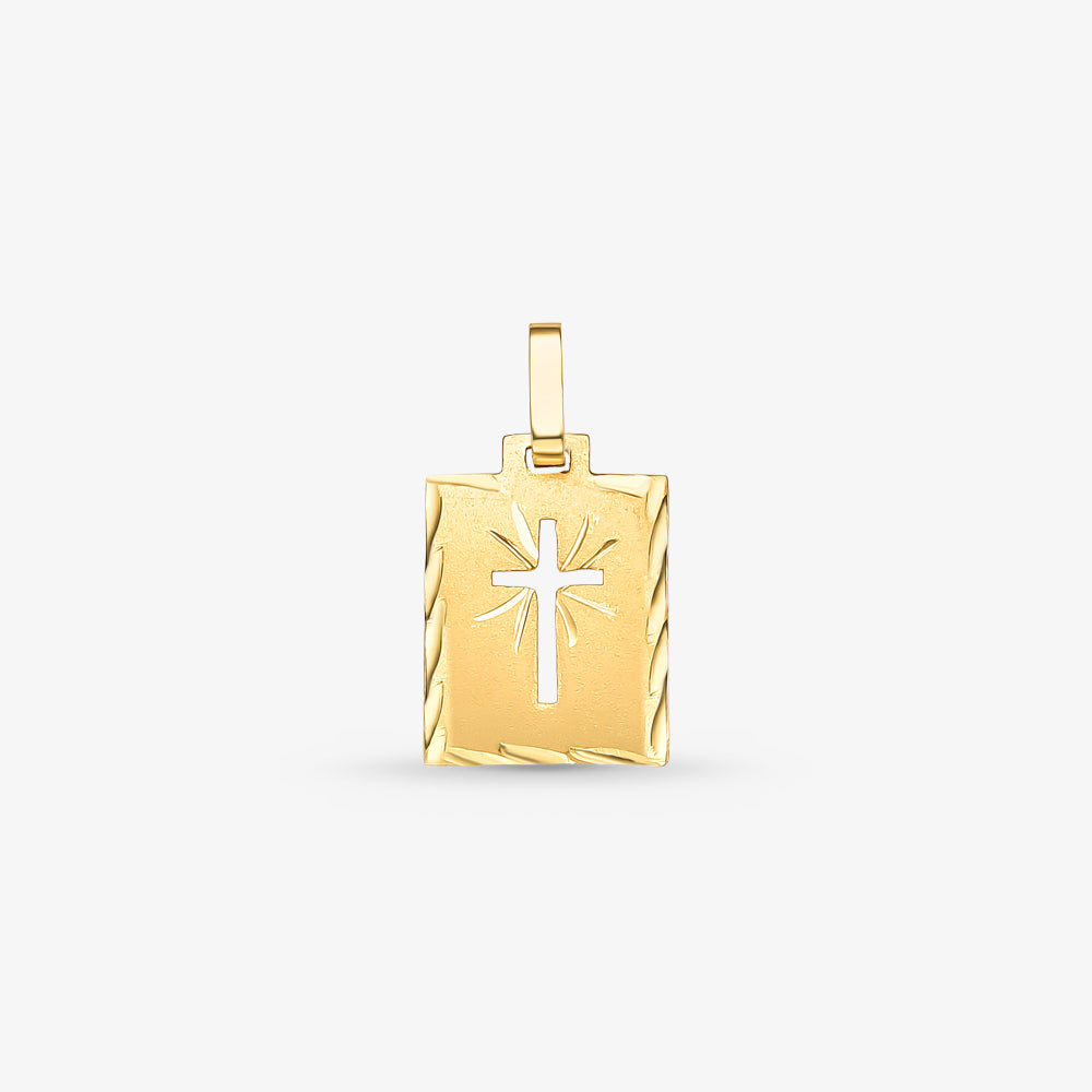 Pingente Placa com Cruz em Ouro Amarelo 18K
