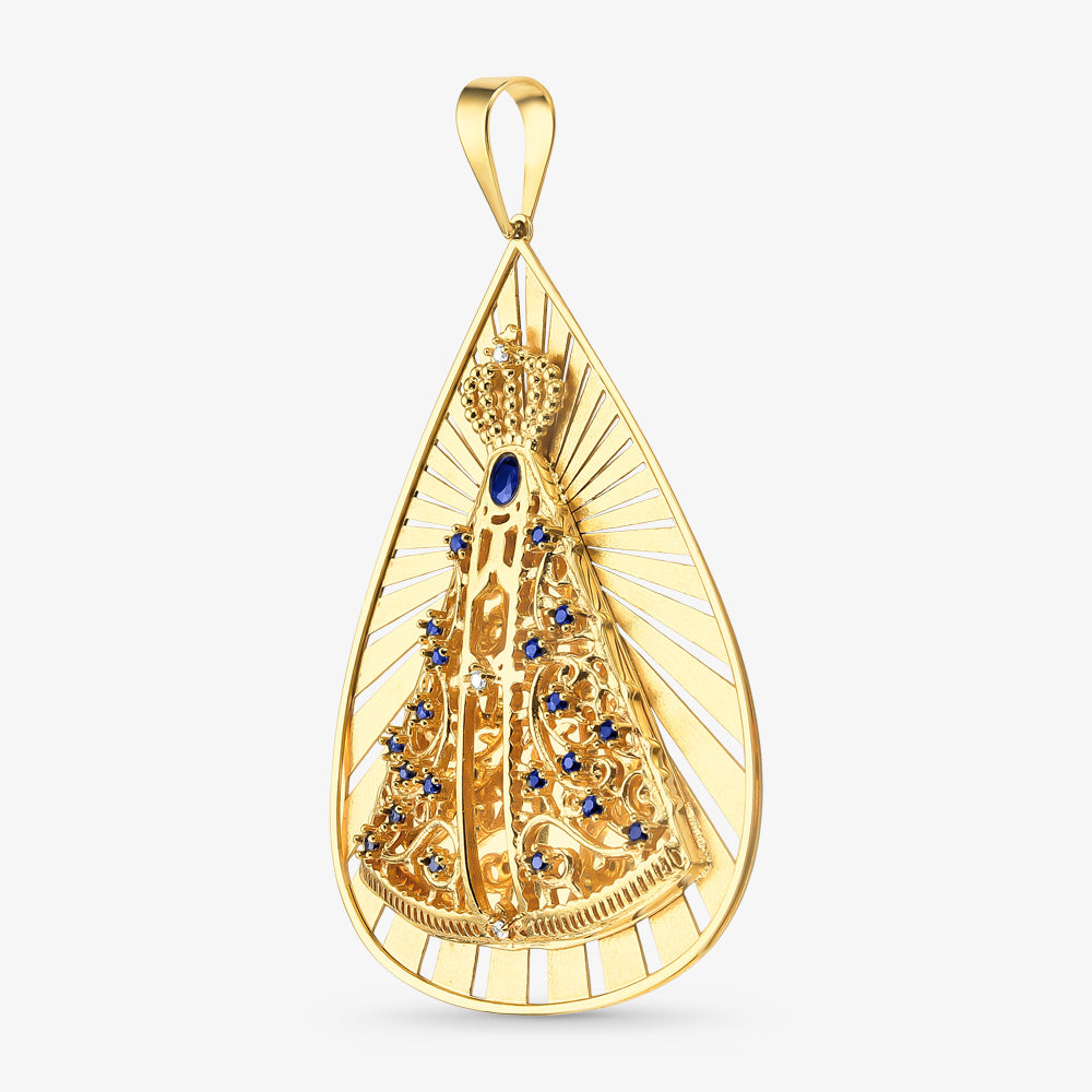 Pingente N.Sra Aparecida com Safiras Naturais em Ouro Amarelo 18K