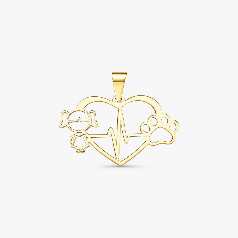 Pingente Coração Menina e Pet em Ouro Amarelo 18K