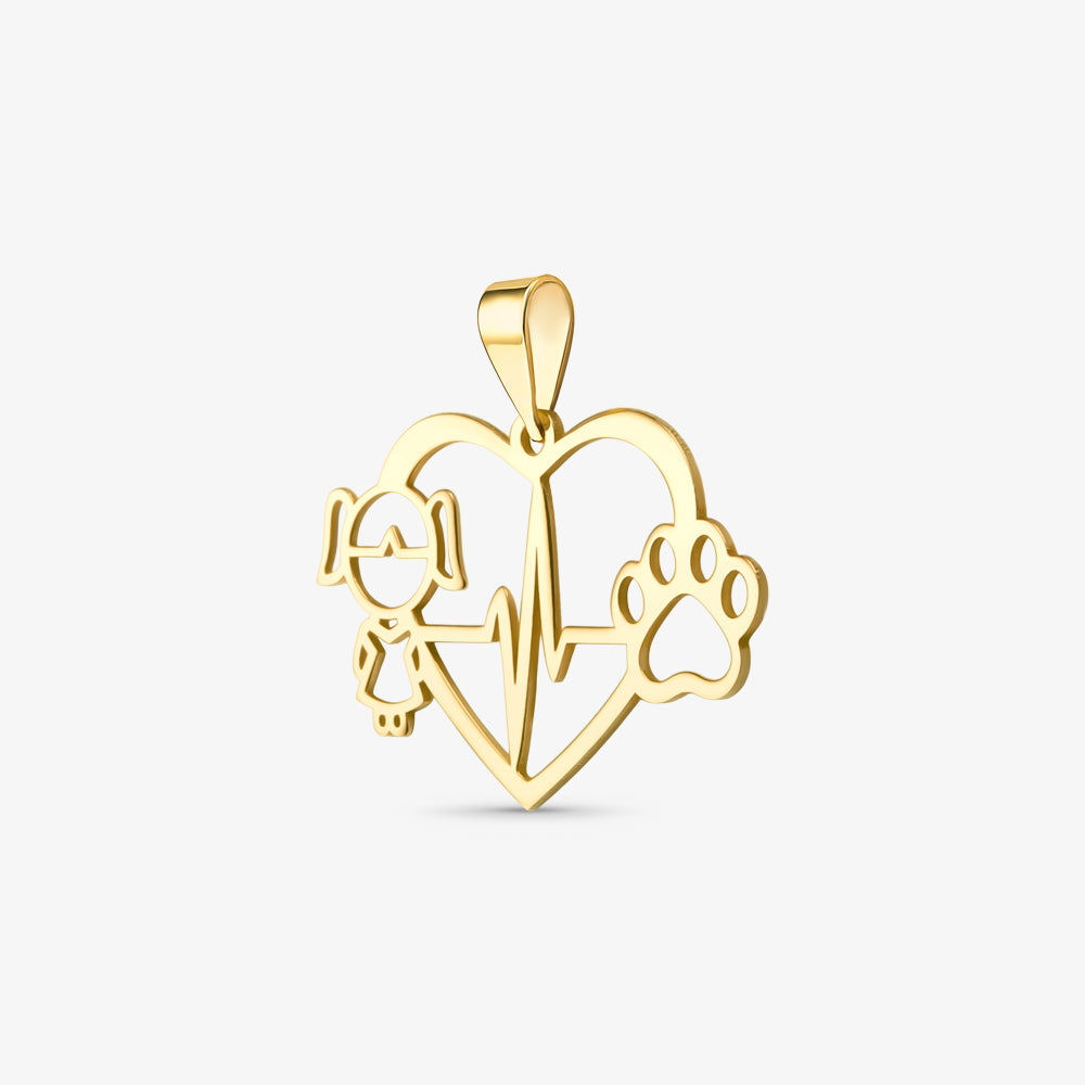 Pingente Coração Menina e Pet em Ouro Amarelo 18K